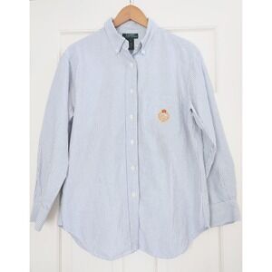 Lauren Ralph Lauren Womens 14 Blue White Striped Crest Logo Button Down Shirt